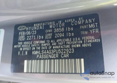 2023 Hyundai Elantra Sel z USA, uszkodzony, nr VIN KMHLS4AG3PU522923